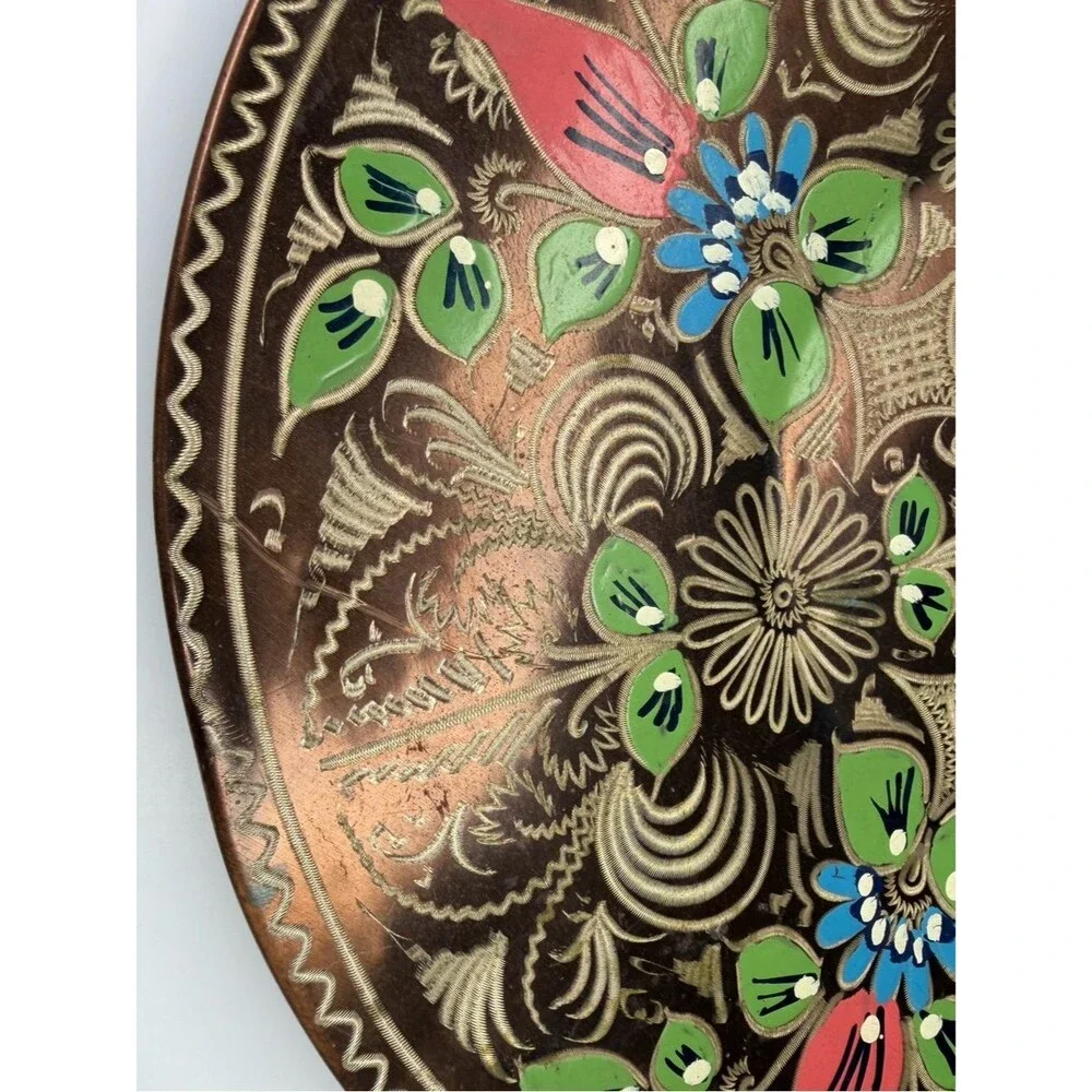 Vintage Turkish Hand Painted Copper Wall Plate 11.5